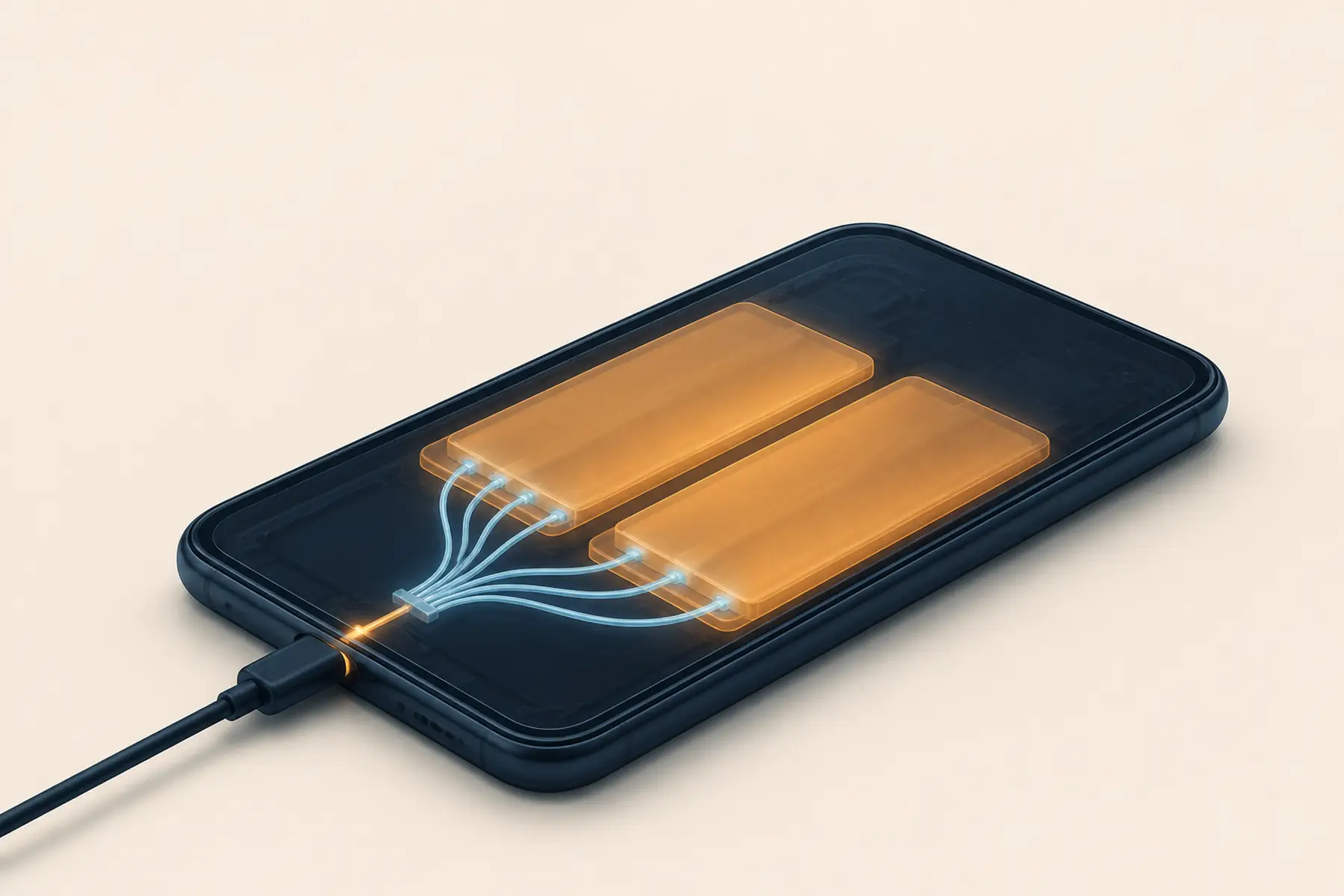 A slim smartphone contains two amber battery cells fed by five evenly divided blue power paths.