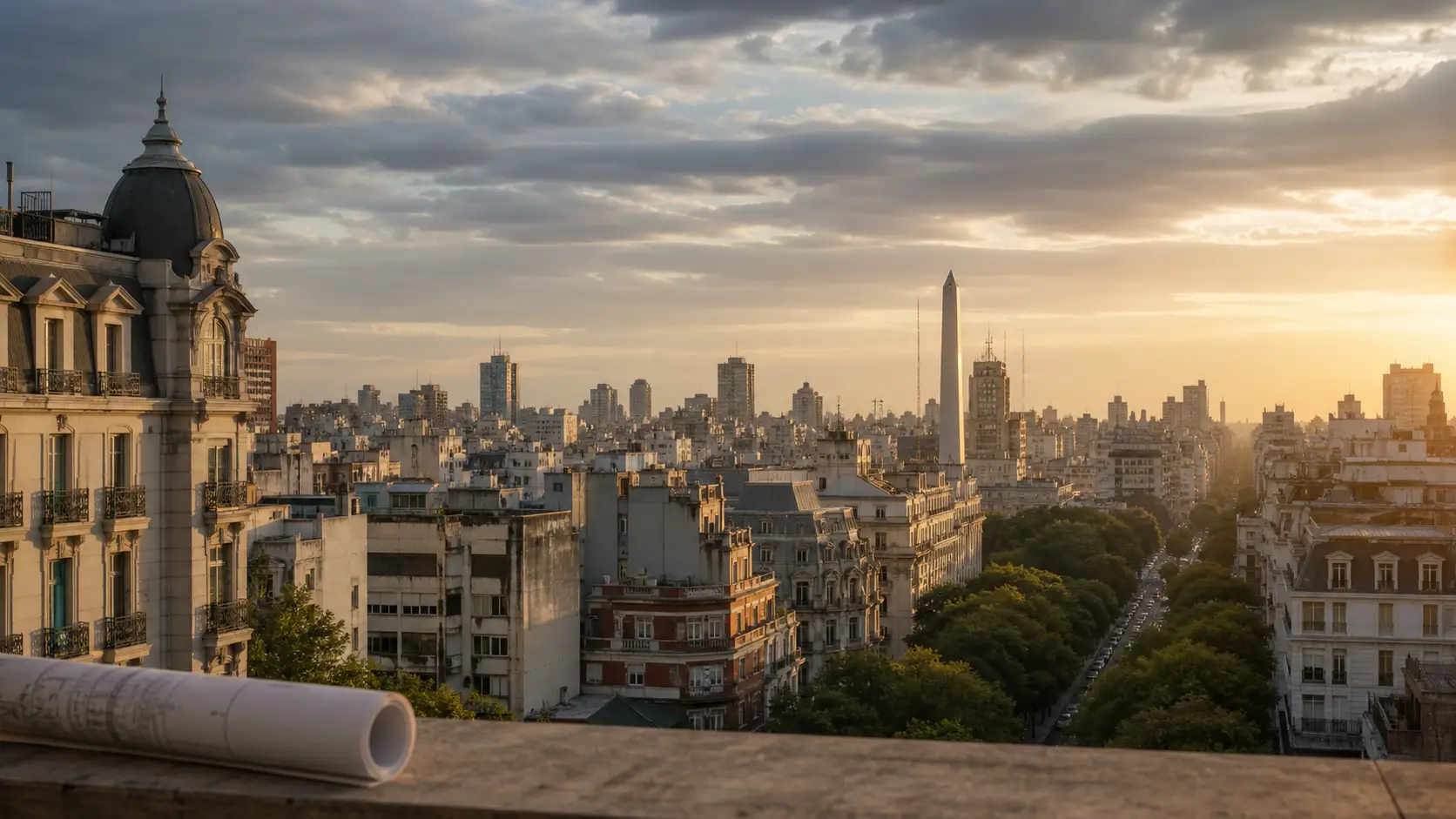 Buenos Aires apartment buildings and tree-lined avenues glow at sunset beneath the Obelisk skyline.