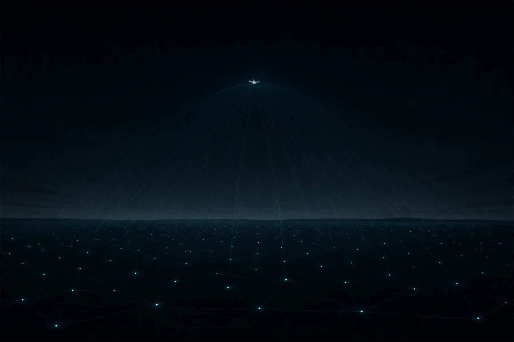 A small aircraft is traced by a web of faint sensor points spread across a dark landscape.