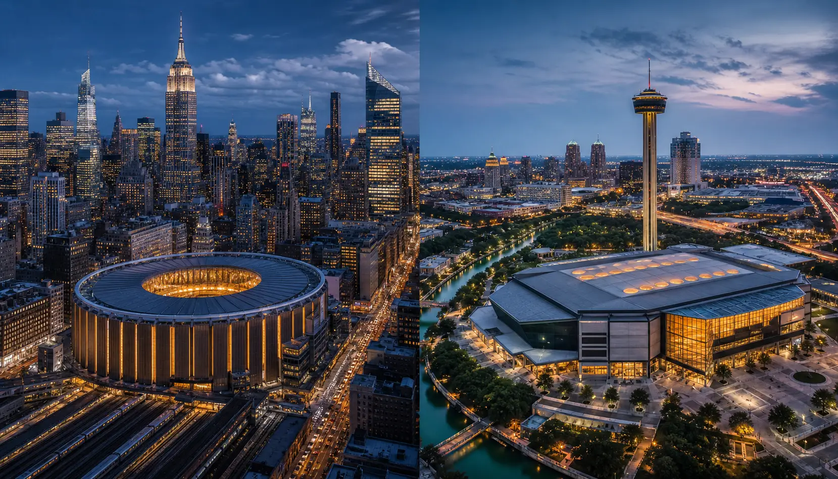 New York’s dense Midtown skyline and circular basketball arena are compared with San Antonio’s lower skyline, Tower of the Americas and spacious arena campus.