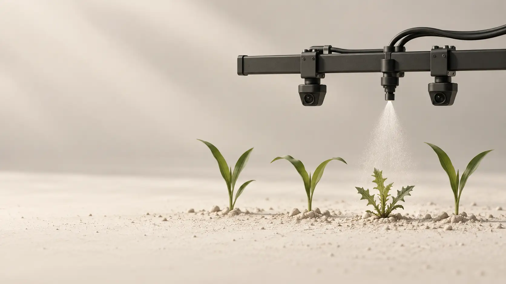 A charcoal spray bar with cameras targets a weed between young crop seedlings on an ivory surface.