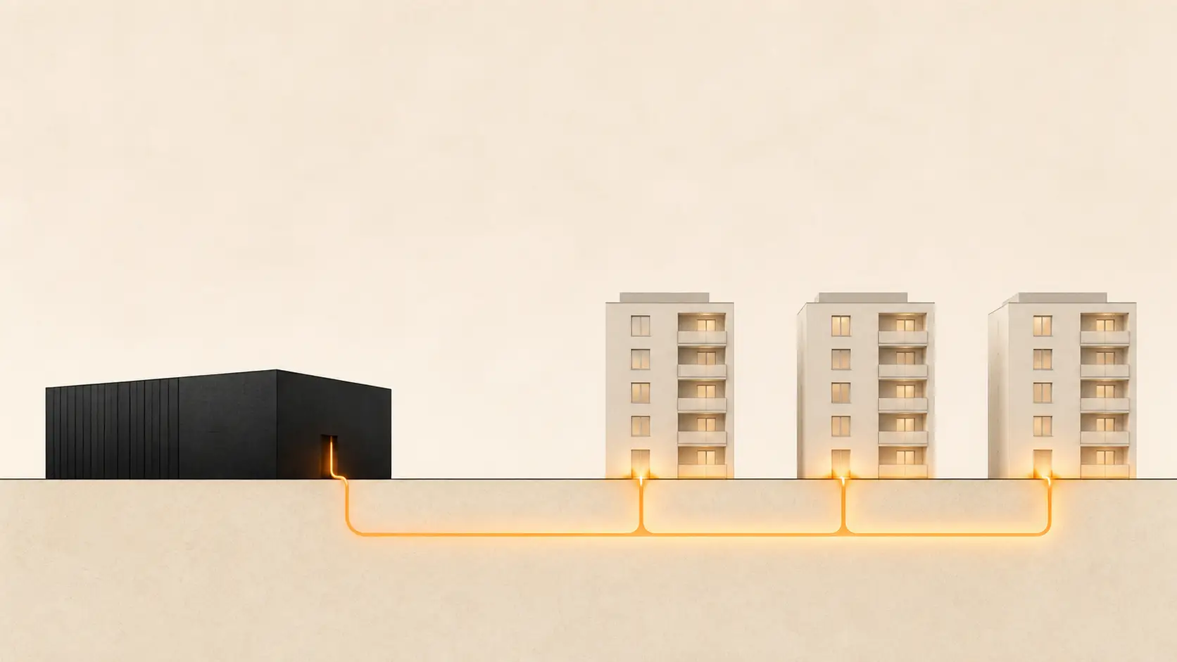 A thin glowing pipe carries heat from a black data centre beneath three pale apartment buildings.