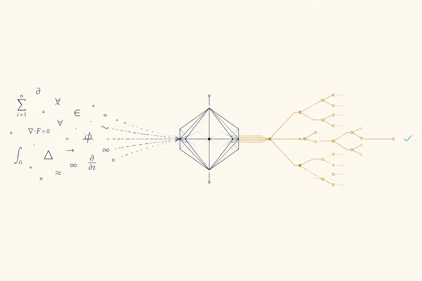 A loose mathematical expression passes through a precise geometric proof engine and emerges as a checked proof tree.