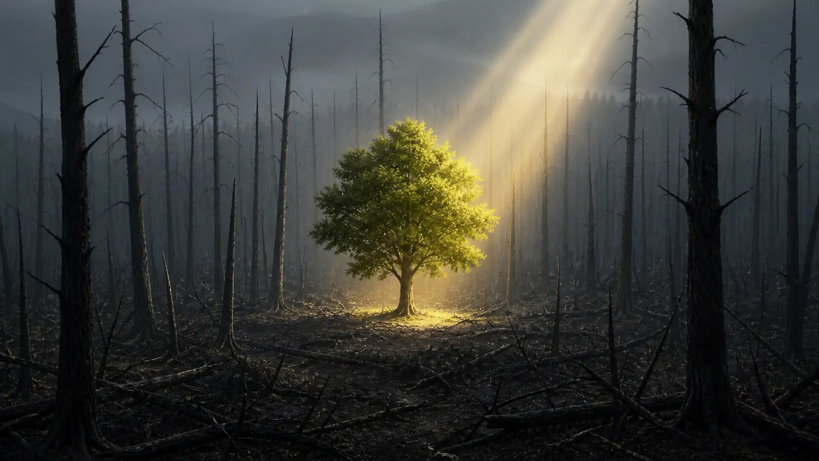 A single living green tree is illuminated by warm sunlight in a vast forest of dead, leafless trees.