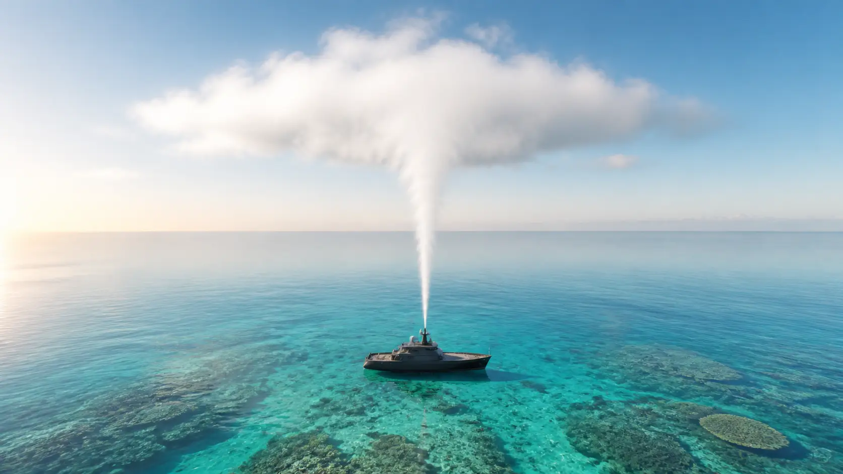 A single black research vessel sends a white sea-spray plume toward one low bright cloud above a turquoise coral reef.