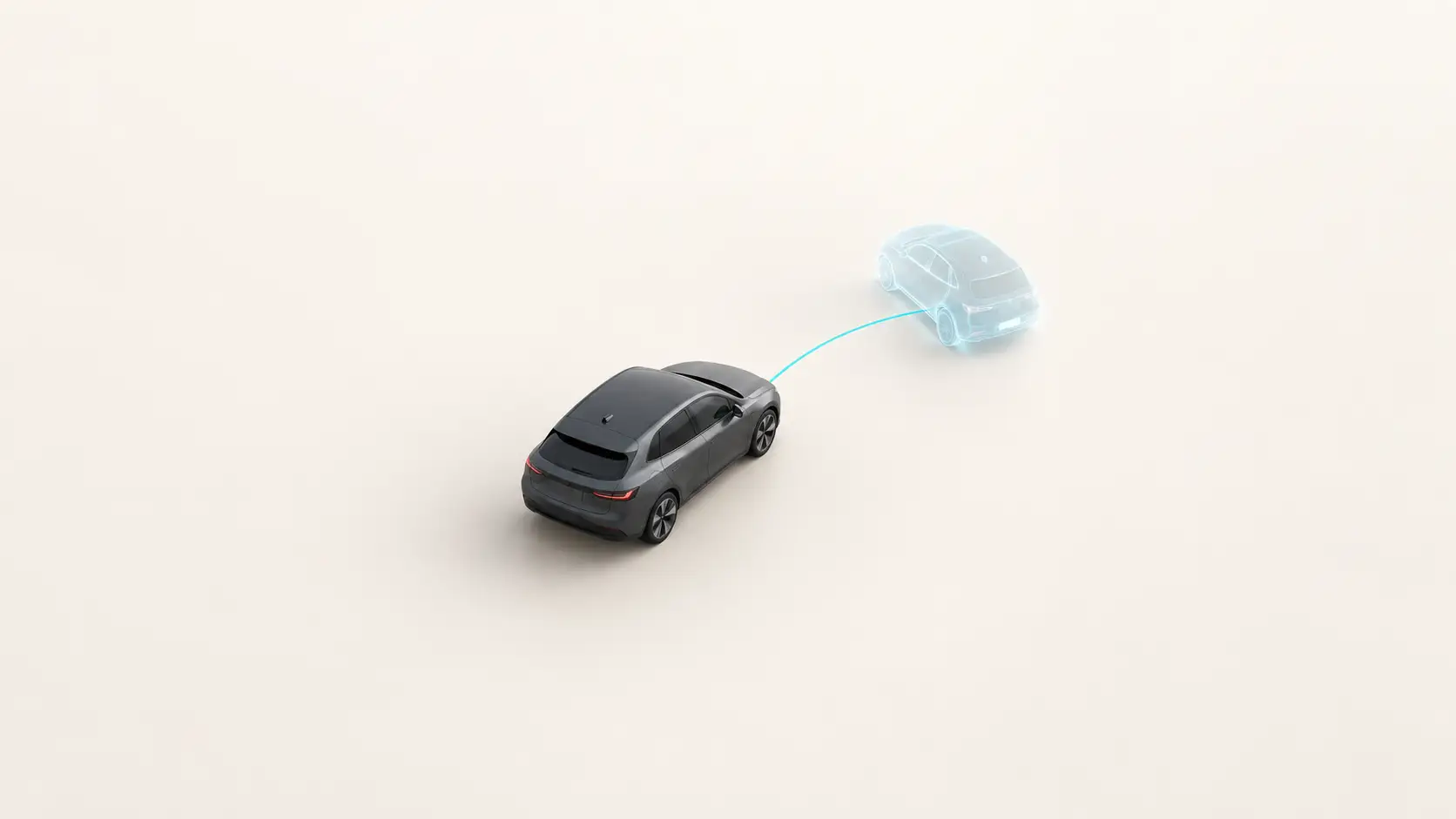 A graphite car connected by a fine cyan curve to a translucent outline of its possible next position on an off-white background.