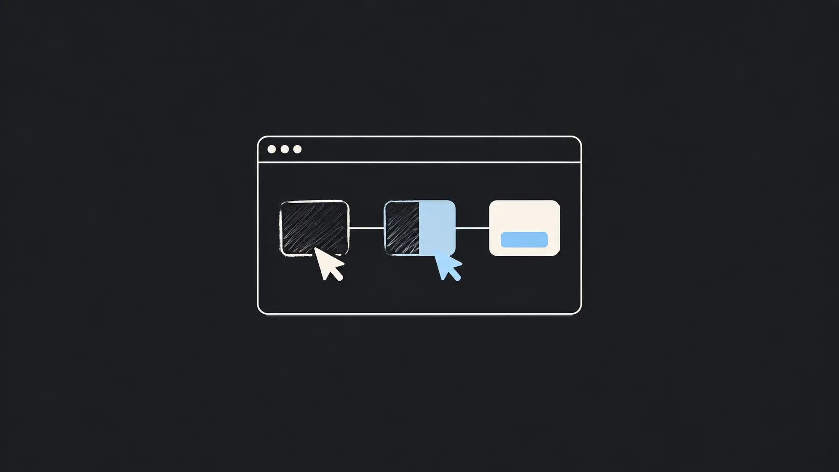 Two cursors work inside one software window, where connected sketched boxes become a finished interface card.